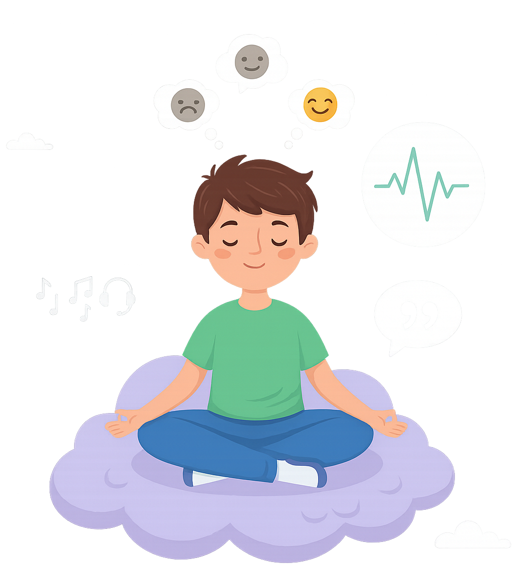 Imagem de uma criança sentada sobre uma nuvem e em volta dele elementos como emojis, notas musicais e batimentos do coração.