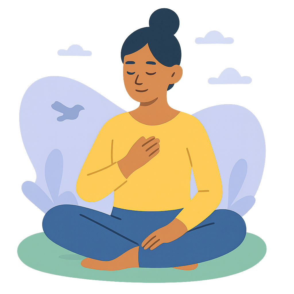 Uma jovem com a mão no coração como se estivesse meditando