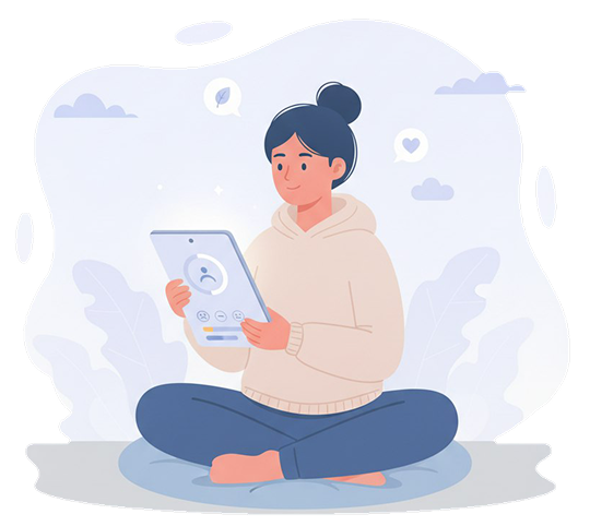 Moça segurando um tablet sentada, fazendo a avaliação do seu dia