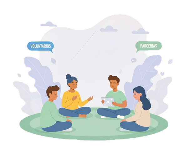 Pessoas reunidas sentadas juntas como uma comunidade falando sobre parcerias e voluntarios do CalmaMente